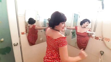 Pinup babe has no panties in front of mirror Retro Vintage Nude maid Housewife