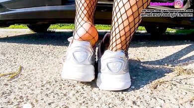 Kati shoeplay lick her shoes me sweaty fishnet tights, dipping sweaty insoles and stinky feet lick