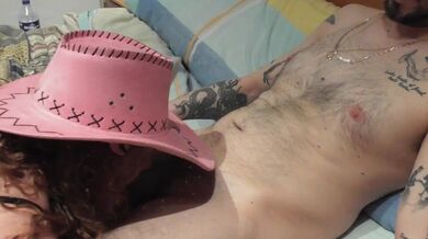My friend gives me a blowjob with a cowgirl hat