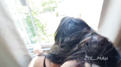 Fucked her on bedroom window and cum so good all over her tits