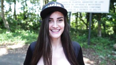 Busty brunette showing off and giving a blowjob on the avenue | Victoria RC | LP Produções