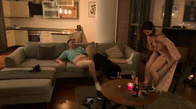 Surprise for husband, wife brings a sexy blonde for him to fuck