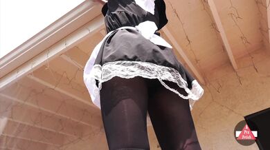 UPSKIRT FETISH! French Maid Fixes Lights -- in broad daylight!
